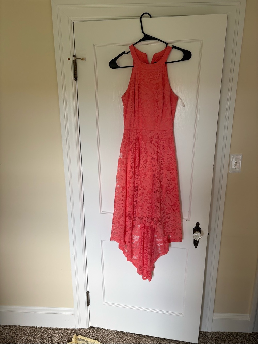 Coral Lace High-Low Halter Dress